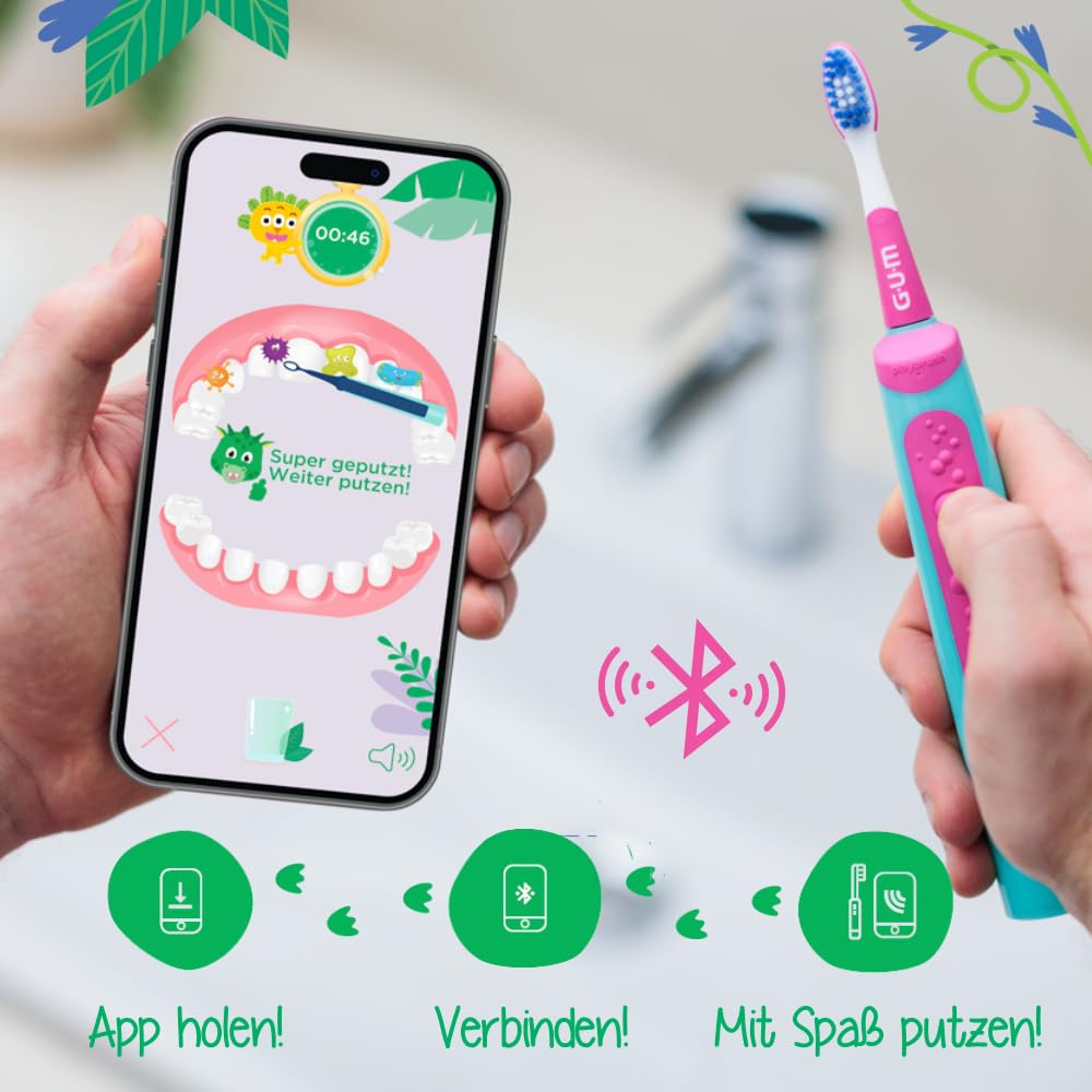 GUM Playbrush JUNIOR 6+ elektrische Zahnbürste | Interaktive Spiel-App | Extra weiche Borsten | 8 Wochen Akku | Stiftung Warentest | 1x Schallzahnbürste, wiederaufladbar | 2 extra Bürstenköpfe | Pink