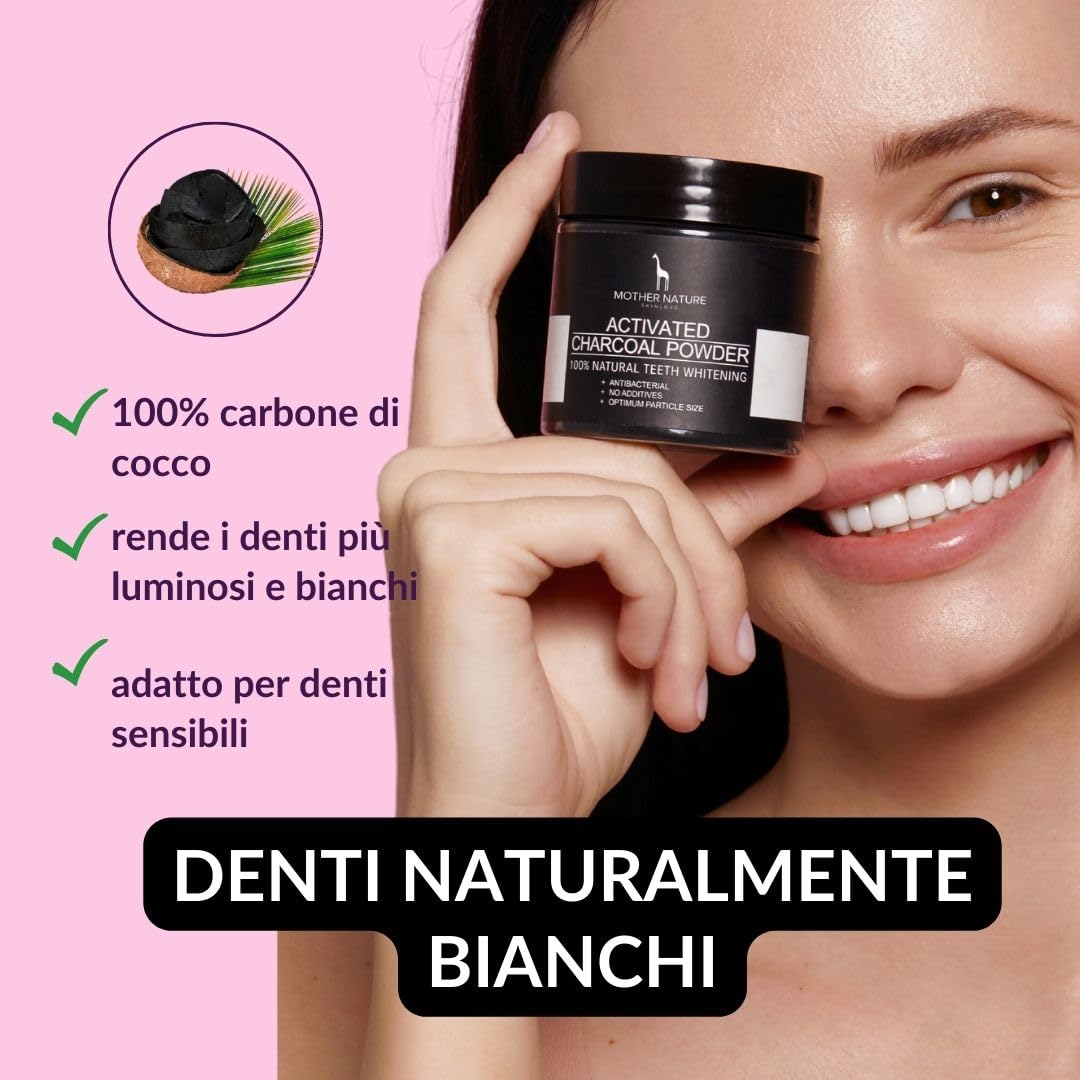 Carbone Attivo Sbiancante per Denti - VEGAN - 60 g di Polvere di Carbone Attivo, Estratta dal Guscio della Noce di Cocco - per Denti Naturalmente Bianchi