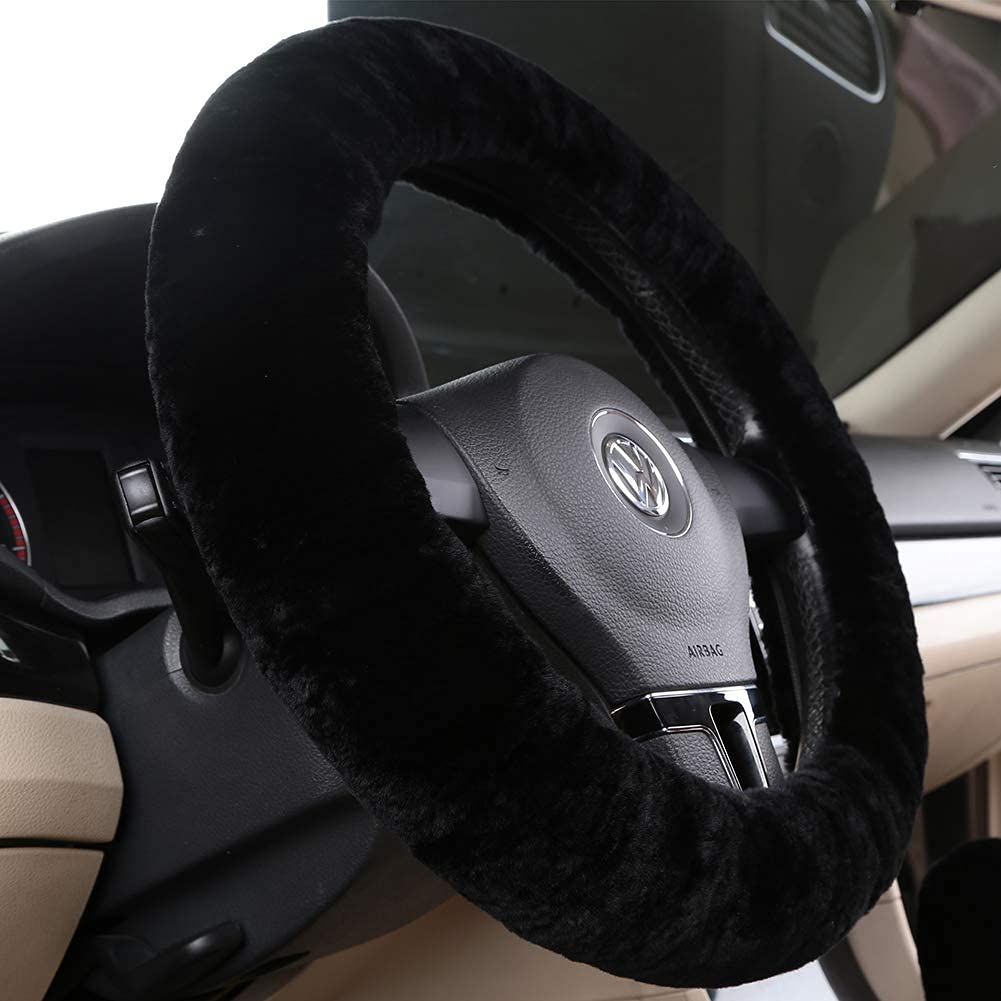 Set di 3 coprivolante in pelliccia di pura lana, morbido e soffice, per freno a mano, per auto, SUV, camion, Australia, pelle di pecora (nero)