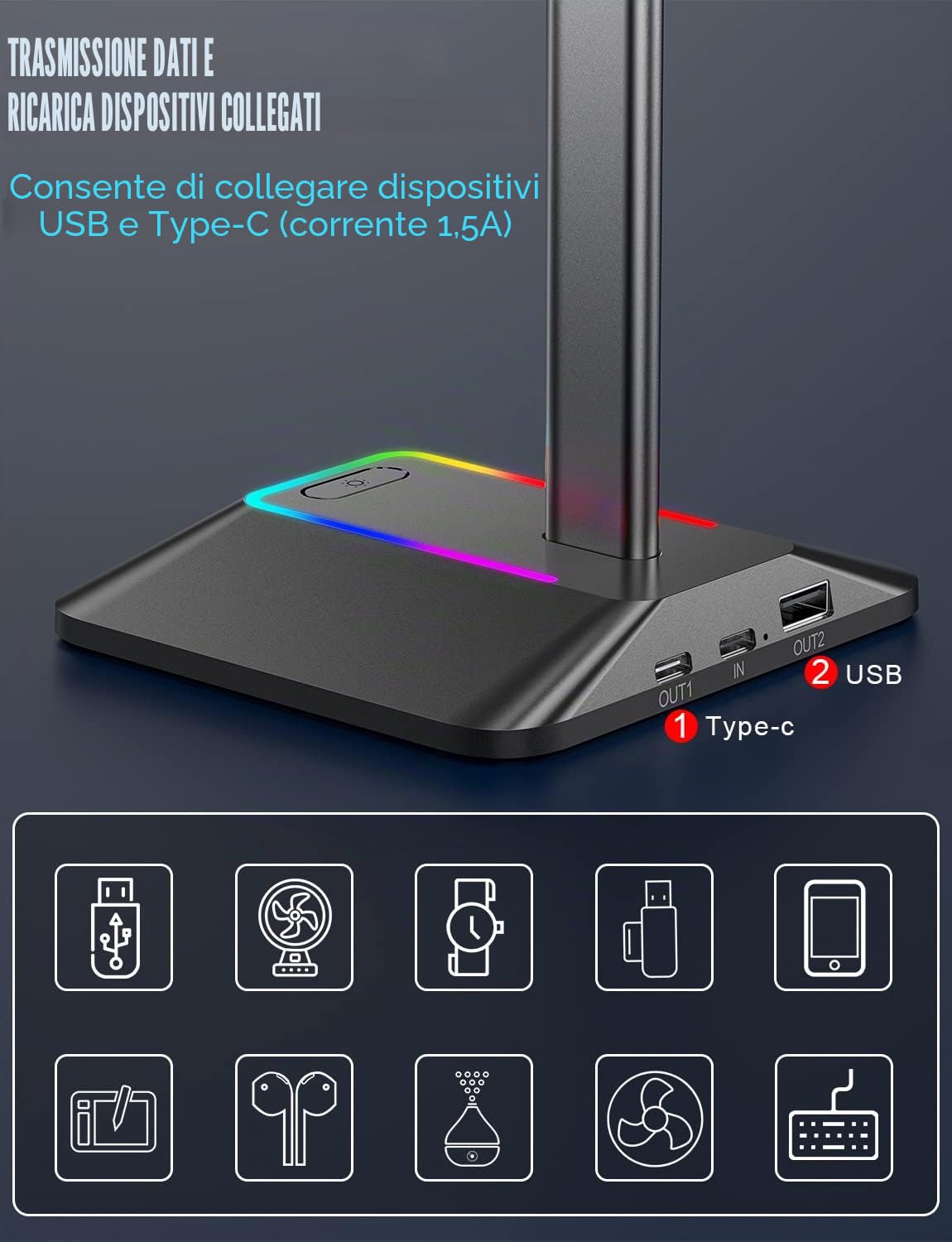 New Bee Supporto Porta Cuffie da Gioco RGB USB-C Caricabatterie Trasferimento Dati Universale Scrivania Nero