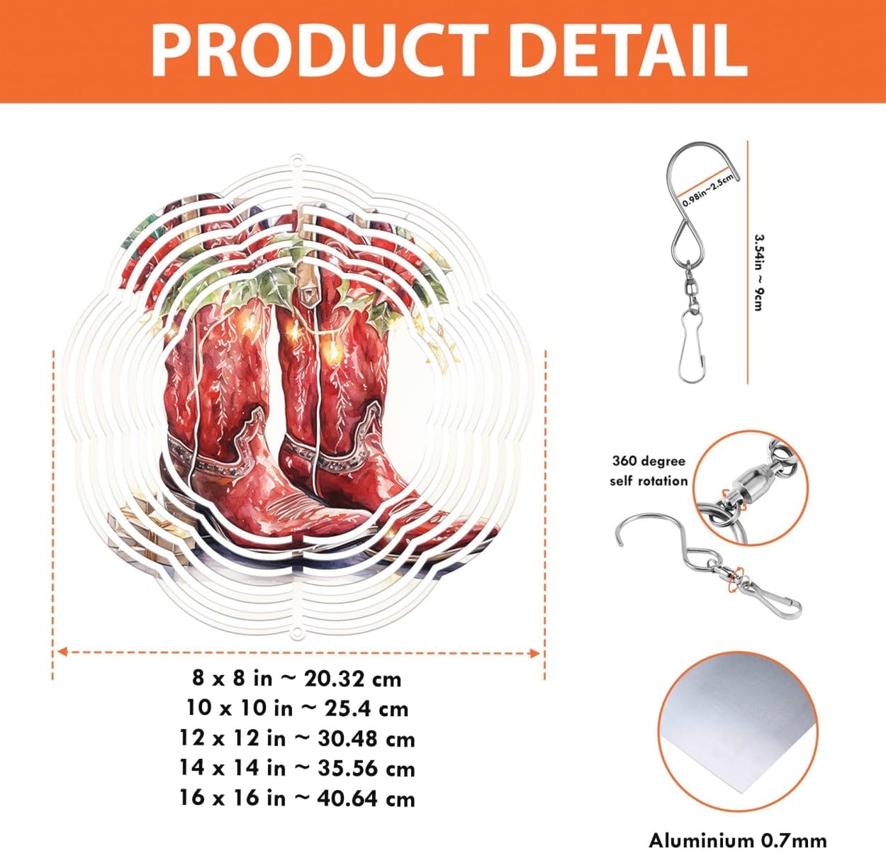 Red Boots Farmhouse Christmas Wind Spinners 3D Stainless Steel Laser Cut Metal Double Sided Printing-Hanging Indoor/Outdoor Decorations Yard Gardening Decor,Metal Kinetic Art 16x16 inches