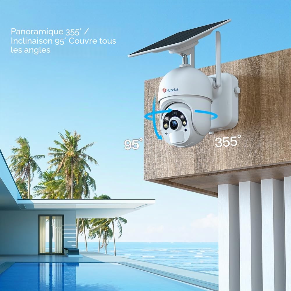 Ctronics 6W Panneau Solaire Caméra Surveillance Extérieure, 2K 3MP, Vision Nocturne Couleur 30m & Spotlight, PC/APP, FTP/Cloud/128Go, PIR Détection Mouvement, Audio Bidirectionnel, IP66
