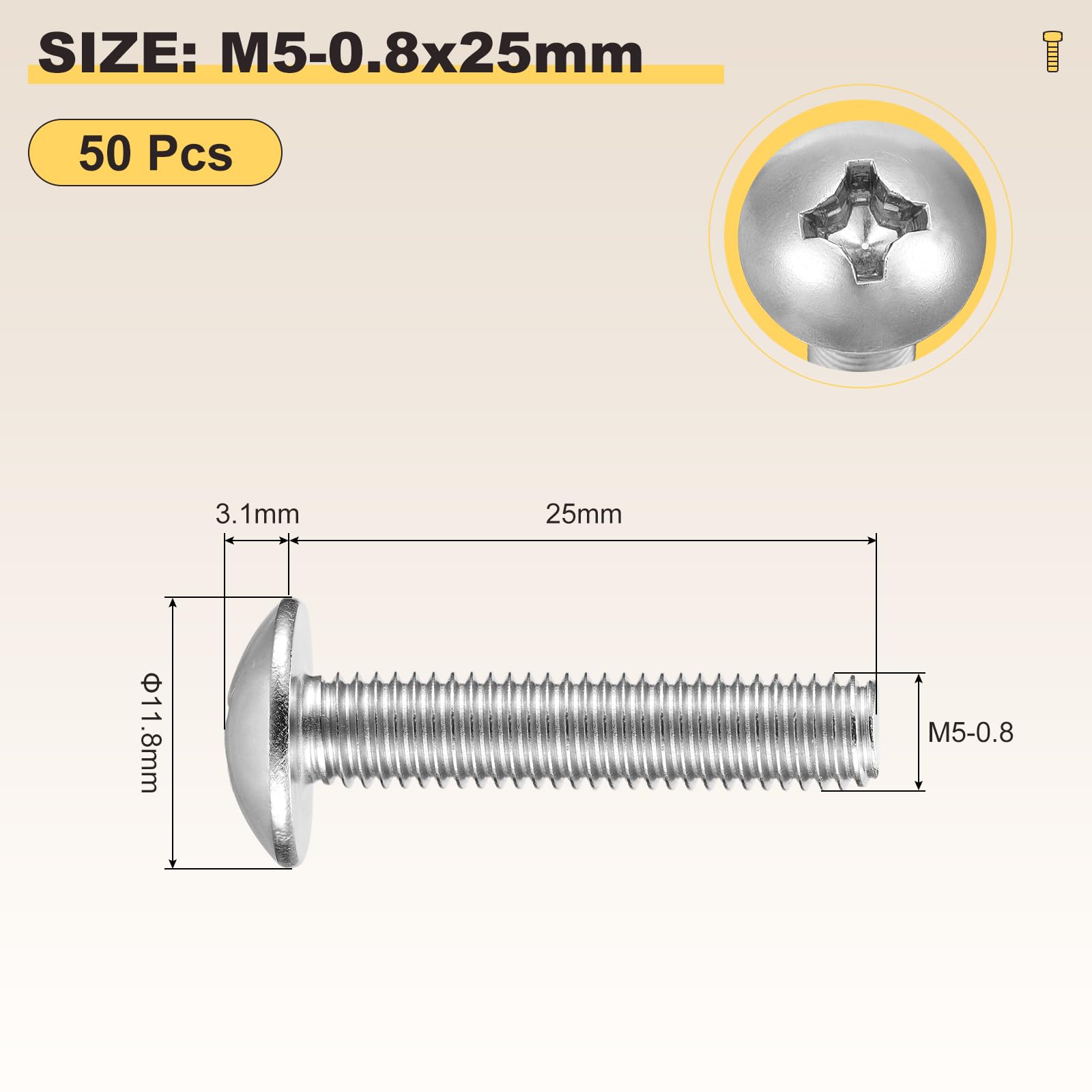 METALLIXITY Machine Screws Phillips Head(M5-0.8x25) 50Pcs, 304 Stainless Steel Round Head Phillips Drive Furniture Bolts - Image 2