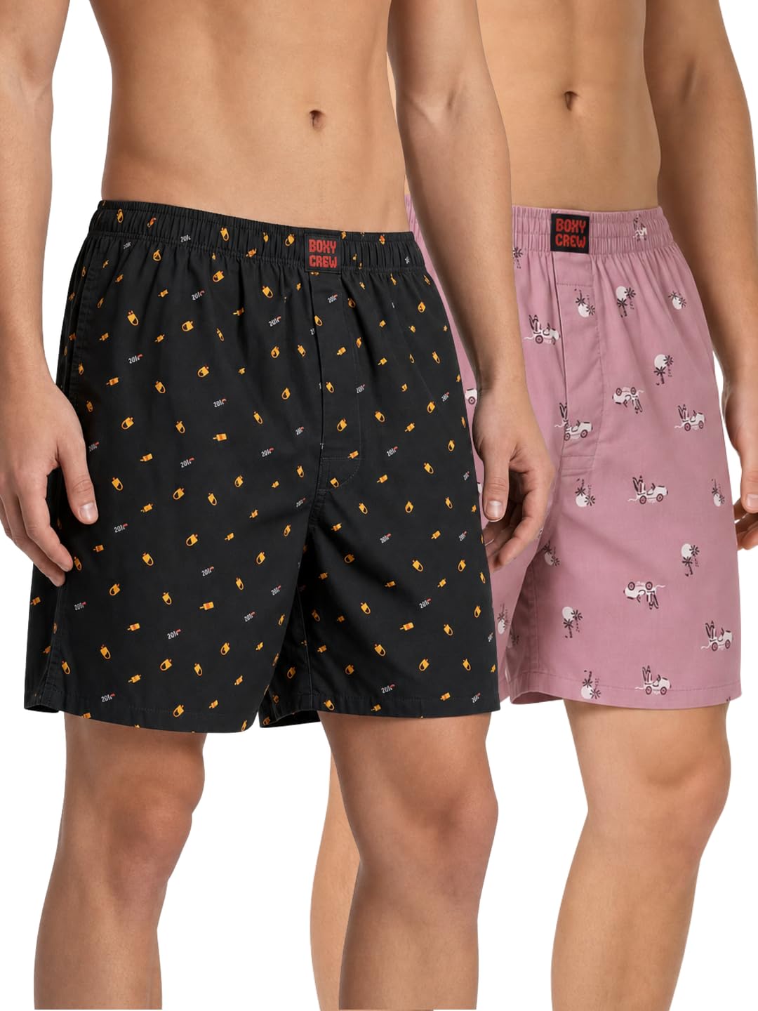 boxy crew Men's 100% Cotton Printed Boxer Shorts Pack of 2 with Dual Side Pockets and Fabric-Covered Waistband - Black/Pink, Styles MBX016, MBX028-picture-40