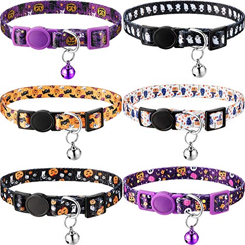 Weewooday 6 Pcs Halloween Cat Collar Breakaway Cat Collars with Bell Safety Buckle Soft Adjustable Halloween Pet Collar with Pumpkin Ghost Patterns for Kitten Kitty Male Female Pet