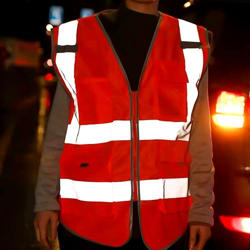 Miniatura 6 de Chaleco de trabajo reflectante de seguridad, paquete de 6 para hombres y mujeres, con 8 bolsillos y cremallera, ropa exterior de construcción de