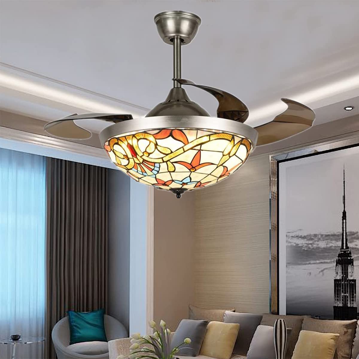 Photo 1 of Panda Lighting 42" Retractable Ceiling Fan with Light and Remote Vintage Chandelier Fan with Silent Motor Fandeliers Ceiling Fans with Remote Indoor Lighting Fixture for Living Room Silver