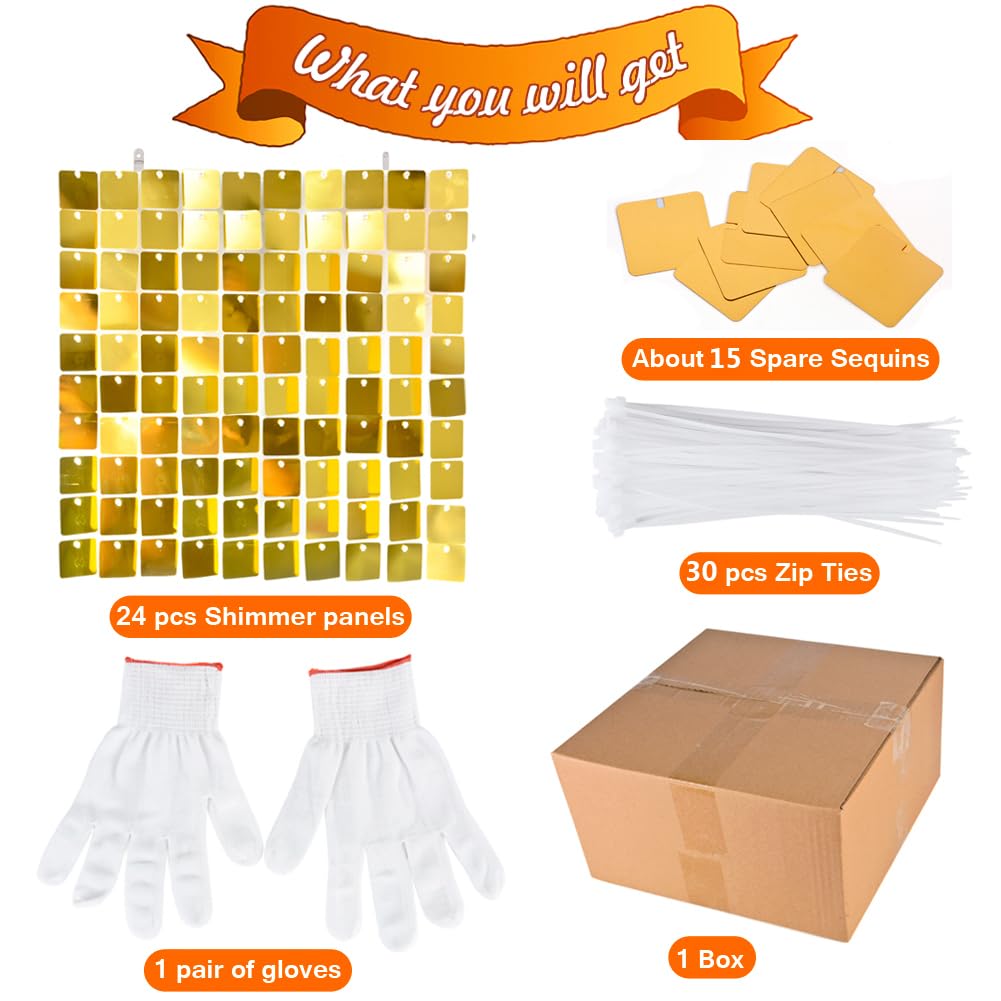Lot de 24 panneaux carrés à paillettes - Décoration murale - 30 x 30 cm - Paillettes - Accessoire de fête d'anniversaire - Mariage doré - Mur photo - Doré clair