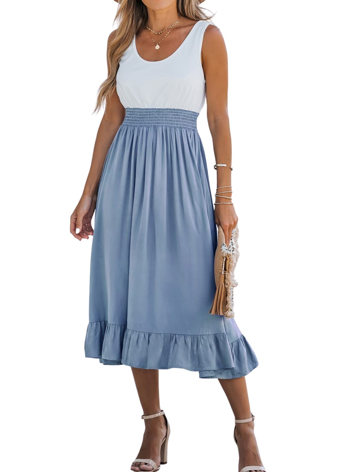 CUPSHE Women's Summer Dress, U Neck, Sleeveless, Ruffle Hem, Beach Dress, Casual Dresses, Summer Tunic, Midi Dress