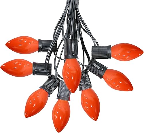 Luces LED C7 de Halloween, 25 pies, de cerámica, color naranja, luces de Halloween para interiores y exteriores con 25 bombillas LED C7, ideal como