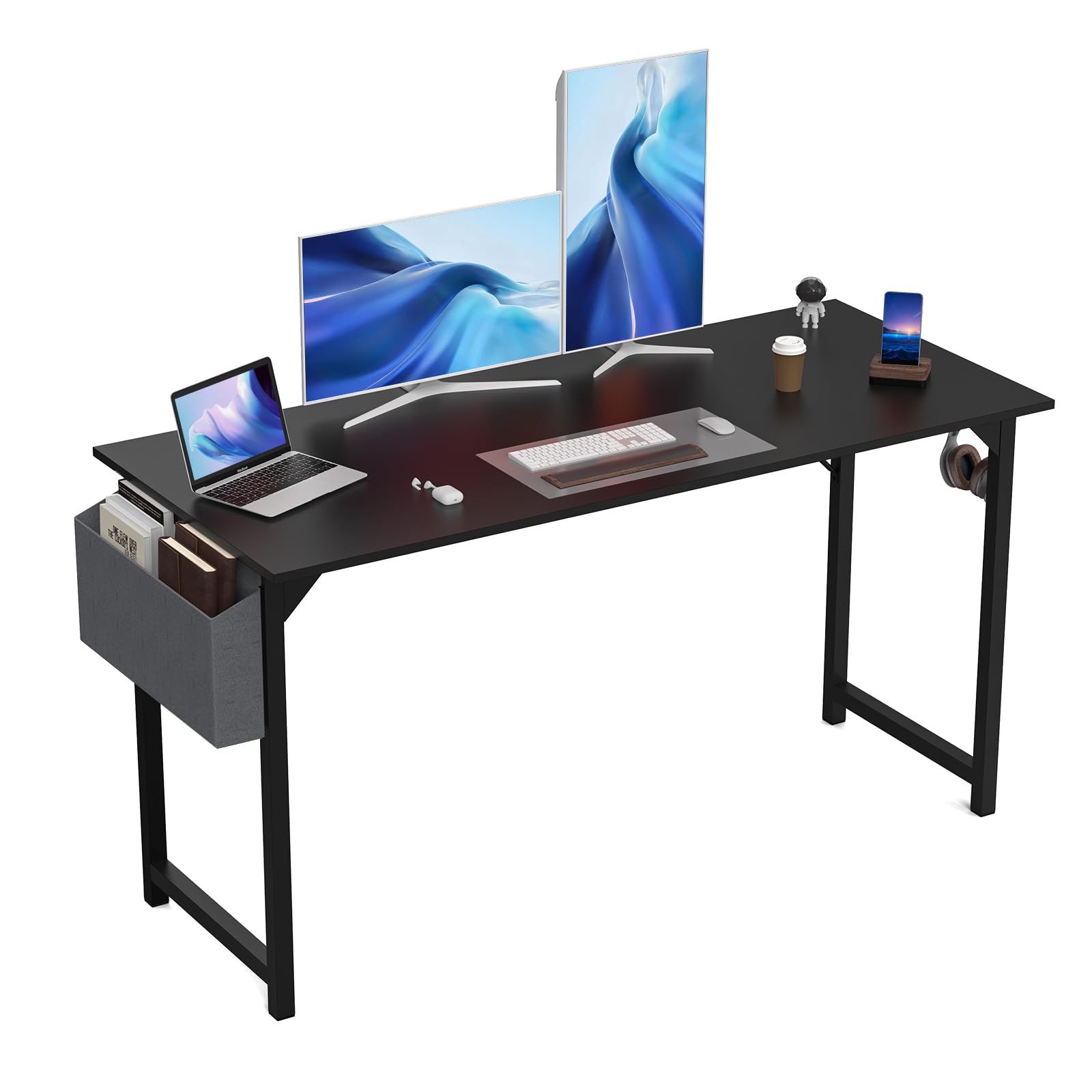 OLIXIS 55 Inch Computer Desk Writing Study Work Table with Storage Bag, Headphone Hooks for Home Office