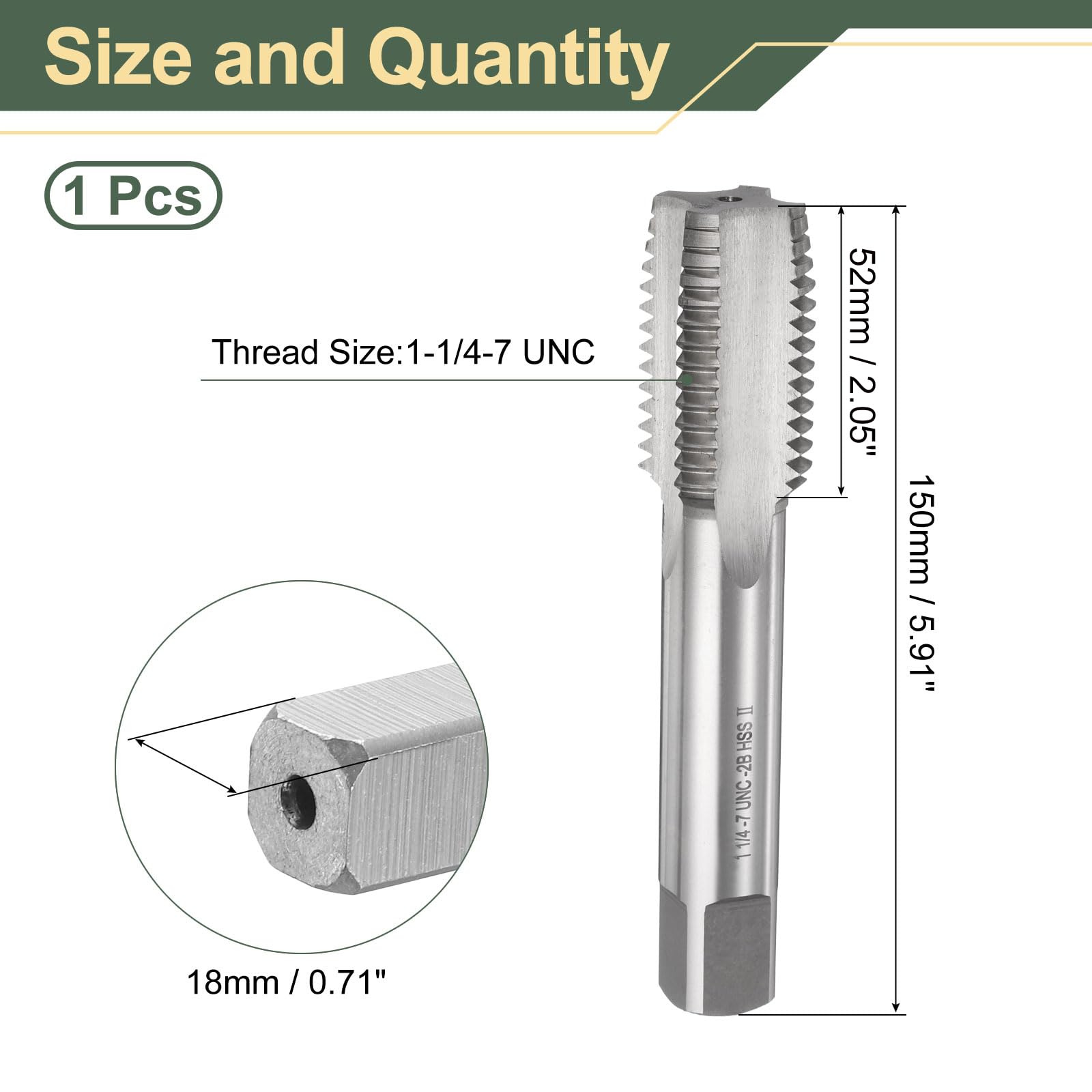 QUARKZMAN Spina a mano per maschio 1-1/4-7 UNC 2B Stile Spina per maschiare a filettare a vite a flauto dritto in acciaio ad alta velocità HSS6542