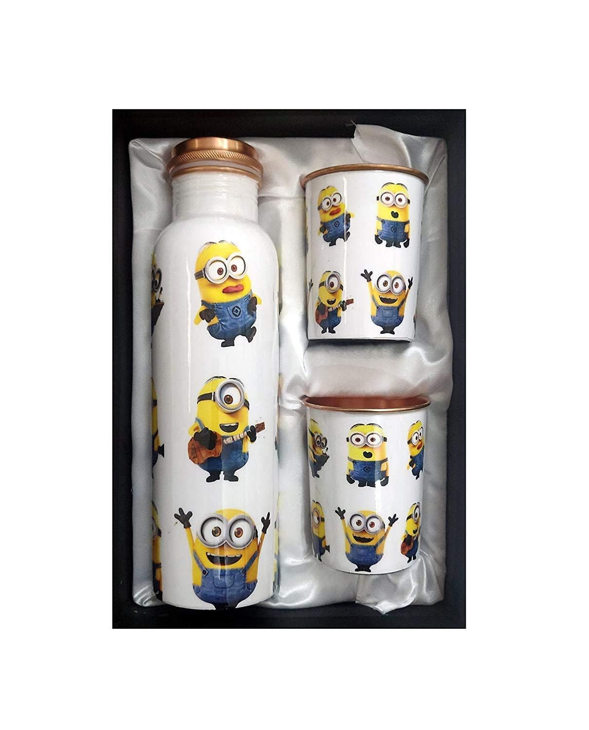Golden Valley New & Latest Biofriendly Cute Cartoon print Copper Water Bottle & Glass Set for Kids Birthday Return Gift & Regular Usage Set (Pack of 3)