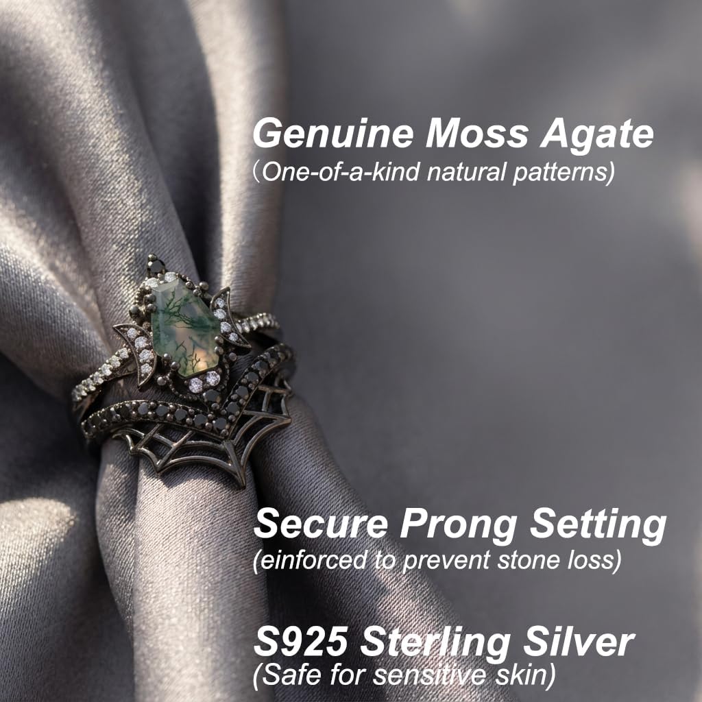 Natural Moss Agate Engagement Black Ring Set for Women Customizable 10K /14K /18K Solid Gold Gothic Promise Wedding Stacking Rings Free Engraving Size 4-15