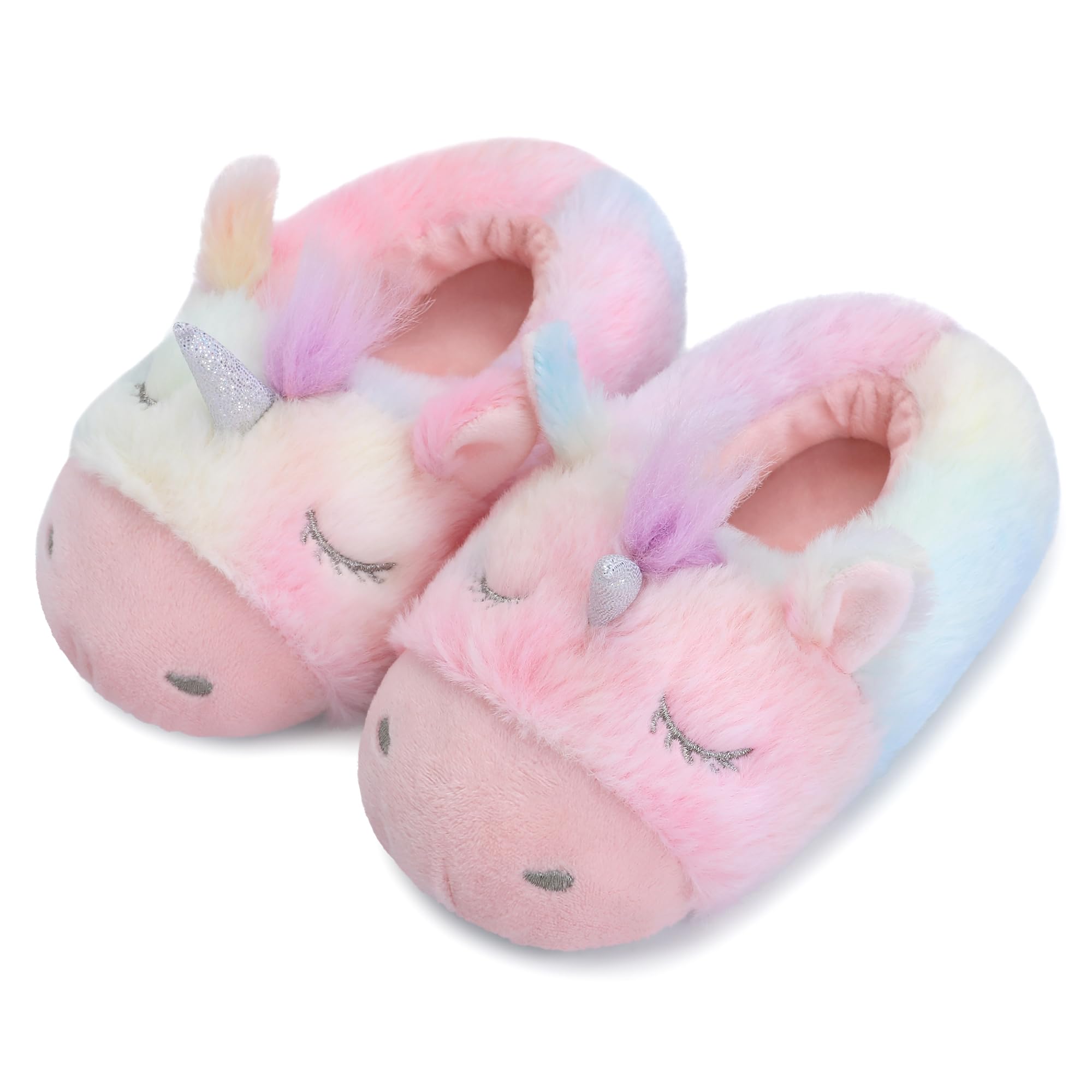 Bigwow Cute Girls Slippers Cartoon Animal Tie Dye Fuzzy Plush House Slipper Closed Heel Slip On Non-Slip Warm Indoor Shoes for Little Big Kids