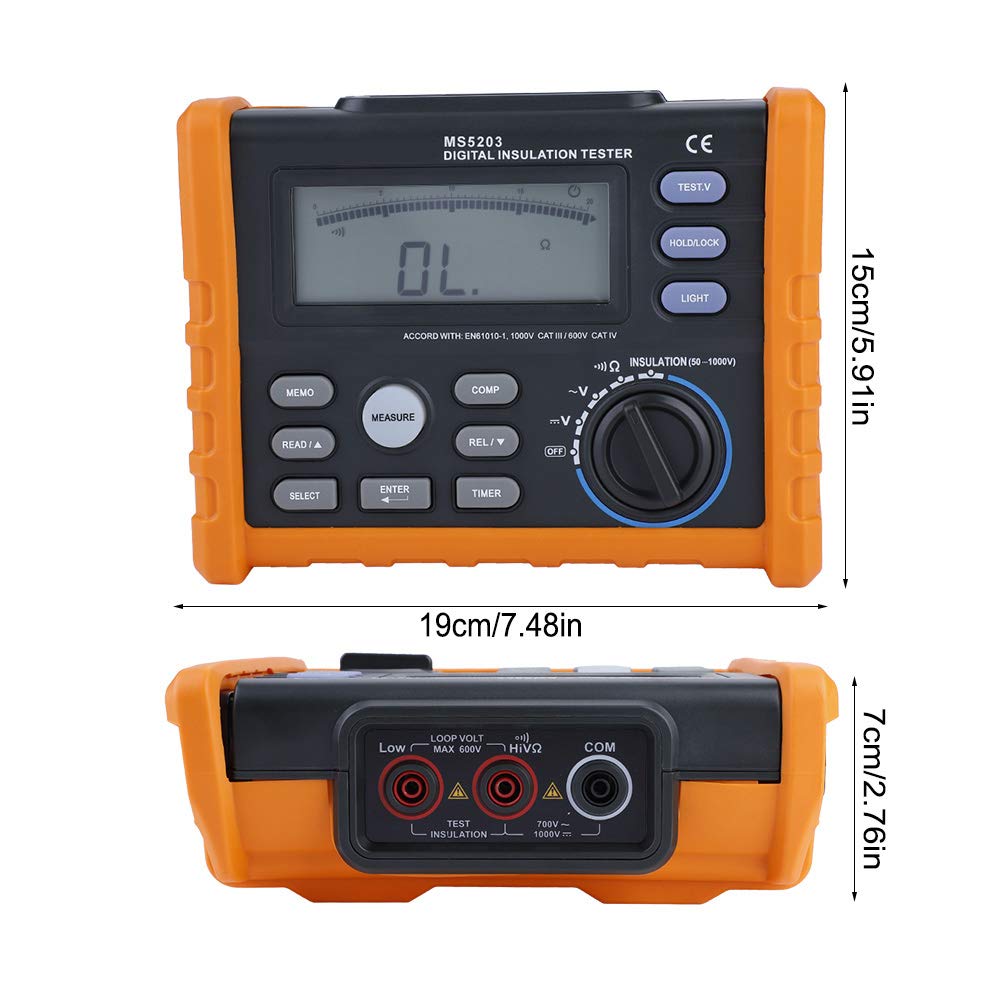 PEAKMETER MS5203 Digitaler Isolationswiderstandstester, Hochspannungsprüfgerät 50–1000 V, Automatische PI- und DAR-Berechnung, AC/DC-Spannungsmessung, Durchgangsprüfung mit