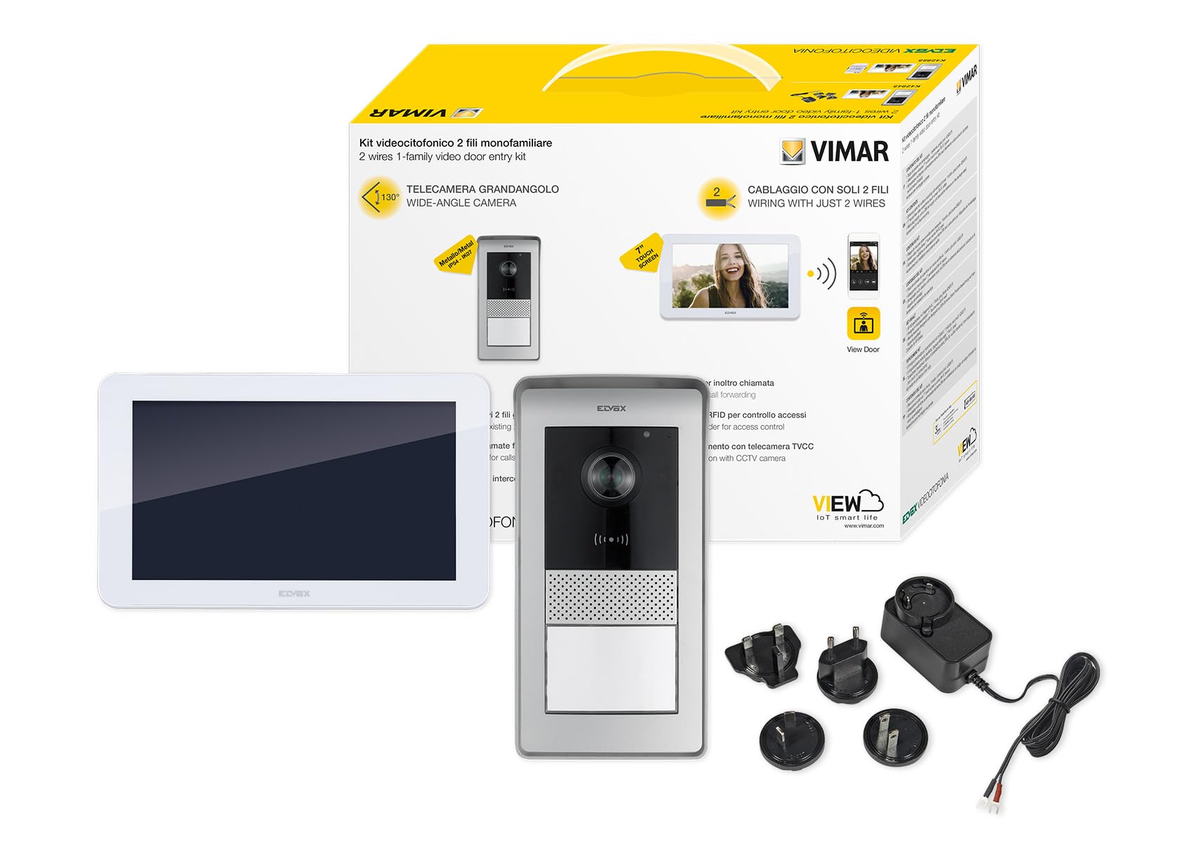 Vimar K42945 Kit de videoportero smart con videoportero Wi-Fi con pantalla táctil, placa audio/vídeo, alimentador con clavijas intercambiables estándar EU, BS, US, AU, soportes para montaje