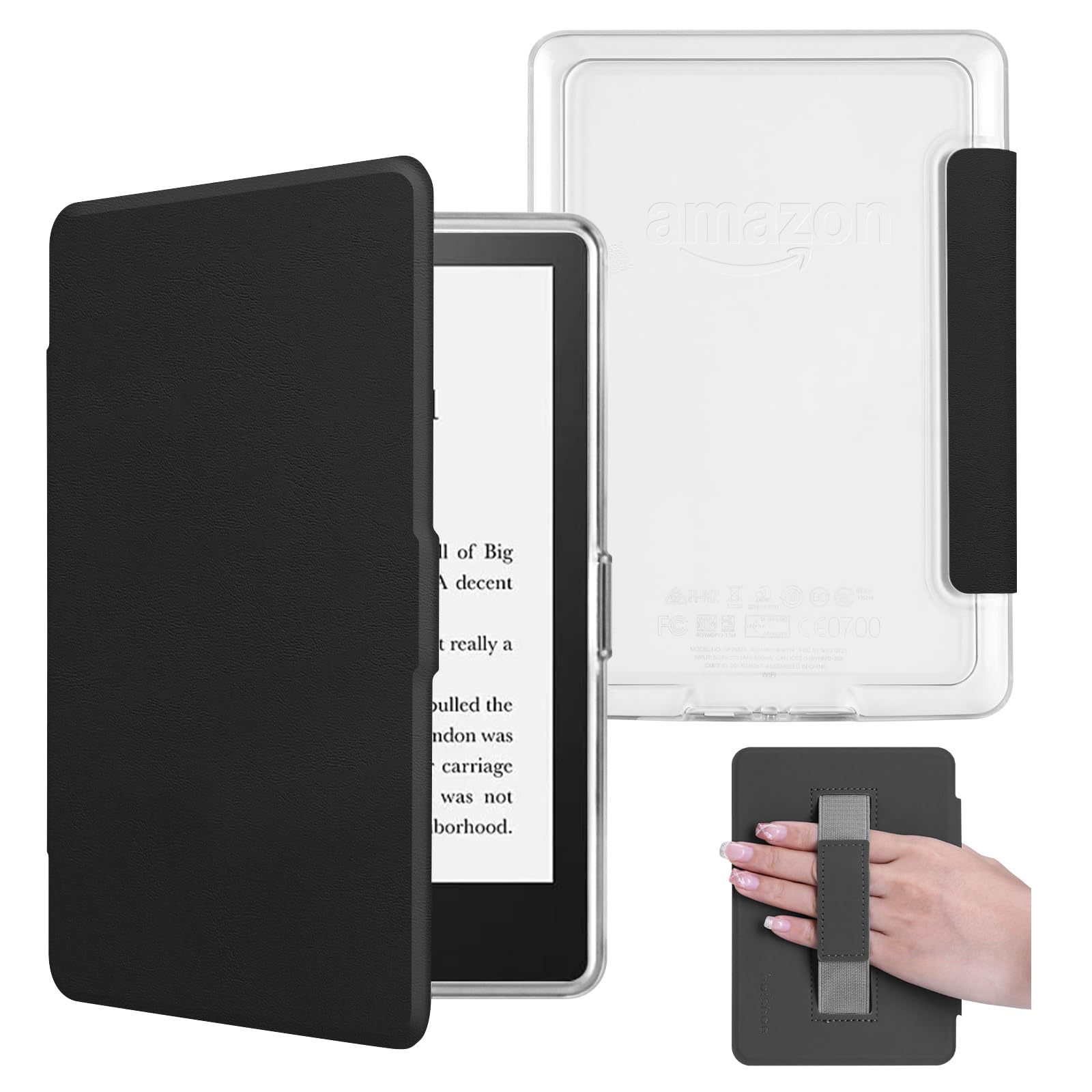 Funda con correa de mano para Kindle Paperwhite de 6 pulgadas de 5ª/6ª/7ª generación 2012-2017 (modelo n.º DP75SDI y EY21), funda de piel sintética ligera y carcasa trasera rígida transparente