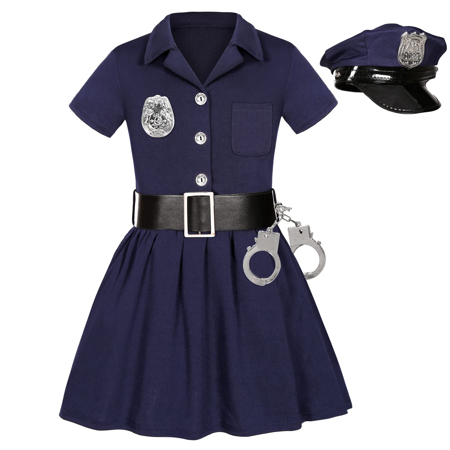 Police Officer Costume for Kids Girls Dress Up Halloween Costumes Cop Outfit Uniform Role Play Handcuffs Hat Badge