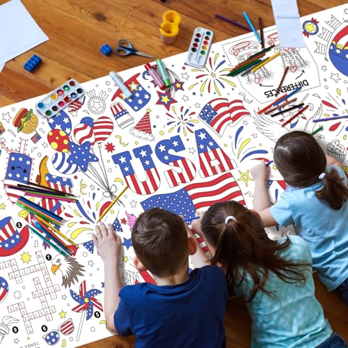Image of Gatherfun 4th of July Patriotic Coloring Tablecloth 31.5x72 - American Flag-Themed Giant Poster for Independence Day Decor & Activities for Classroom or School Party Table Cover