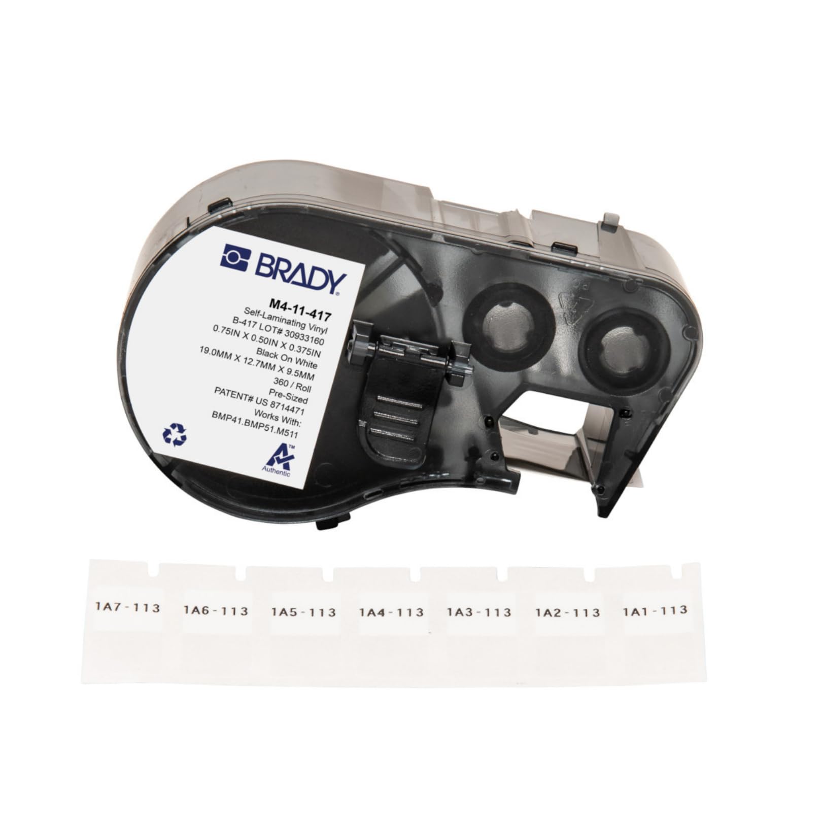 Brady Authentic (M4-11-427) Self-Laminating Vinyl Wrap Around Labels 0.75" H x 0.5" W Black on White, Clear, 360 Labels. for use with The BMP41, BMP51, and M511 Label Printers