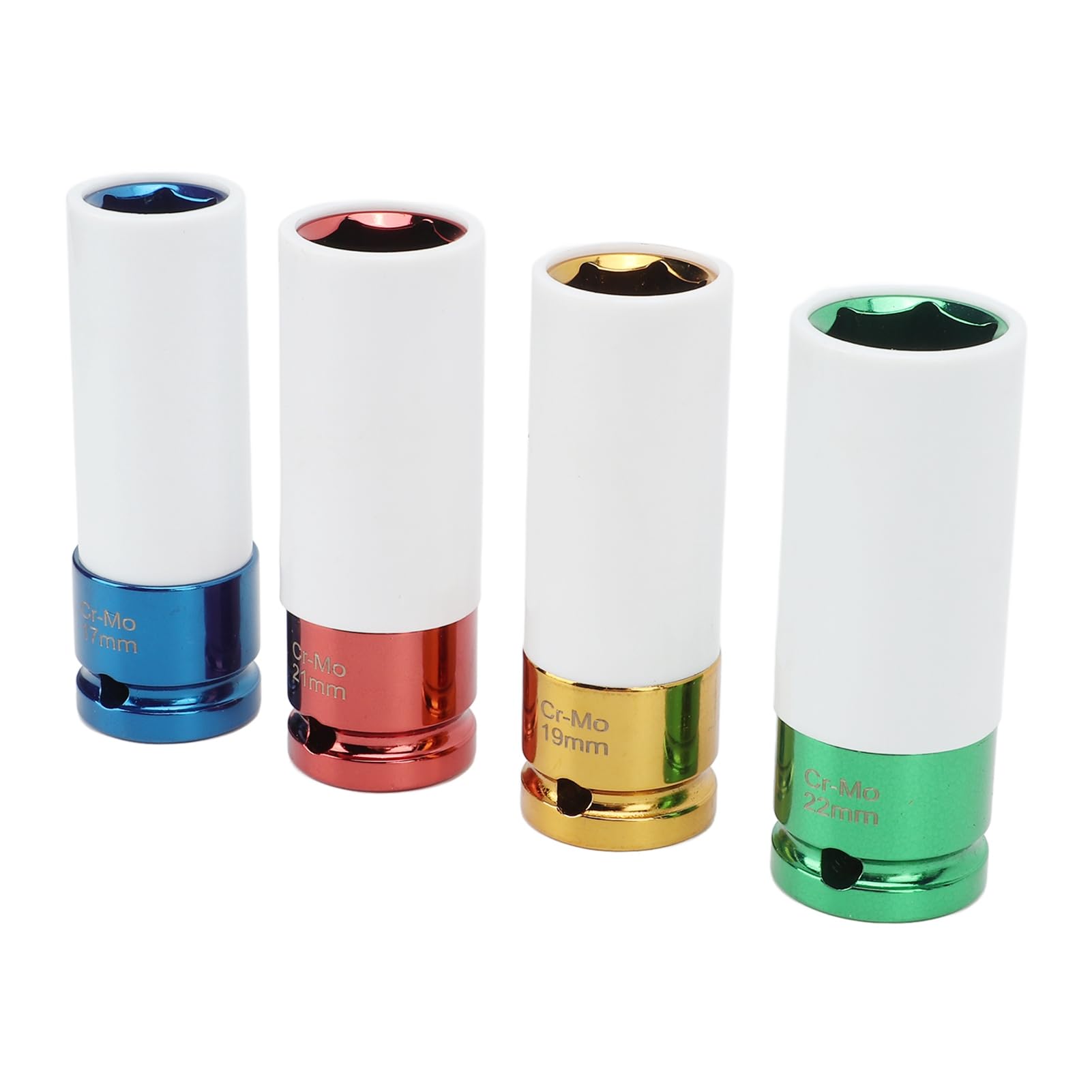 4-częściowy zestaw nakrętek koła napędowego 1/2 cala Zestaw nasadek udarowych 17 mm 19 mm 21 mm 22 mm Metryczne 6-punktowe, kodowane kolorami Ochrona przed zarysowaniami z etui do