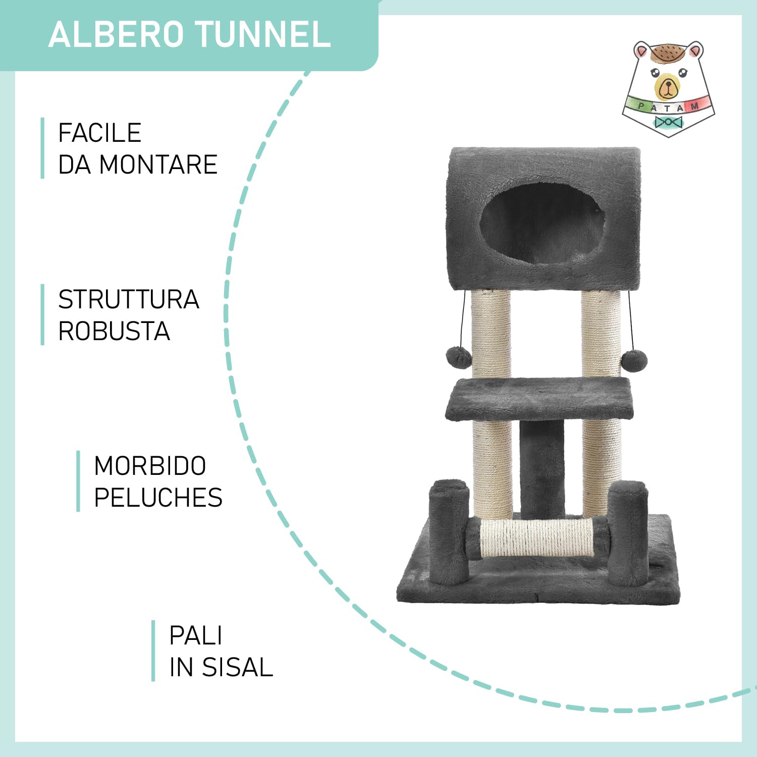 Kratzbaum aus Natursisal mit Tunnelhaus und Spiel, verstärkter Boden, einfache Montage, ideal für Katzen und Kätzchen – Höhe 71 cm, Tunnel Dunkelgrau