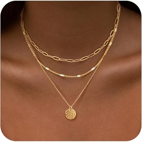 Gold Layered Necklaces for Women, 14K Gold Plated Dainty Necklace Set with Papercli...
