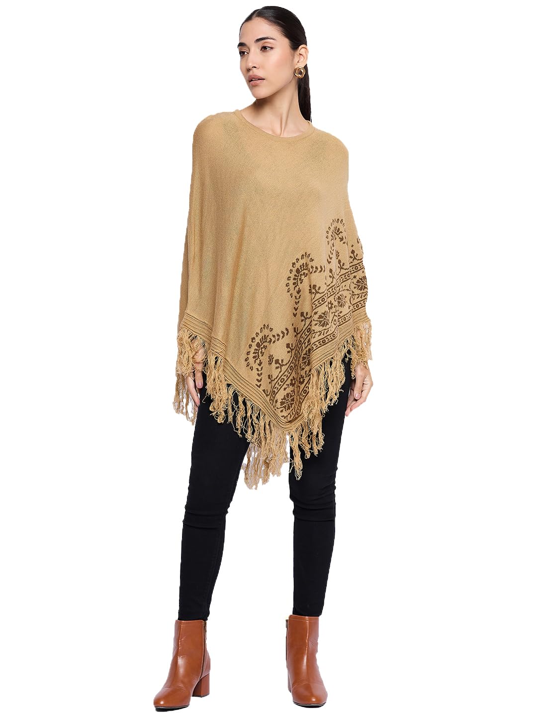 Women’s Woolen Poncho with Tassel Hem | Stylish Winter Cape Top_CYCW678_M Beige-image-25