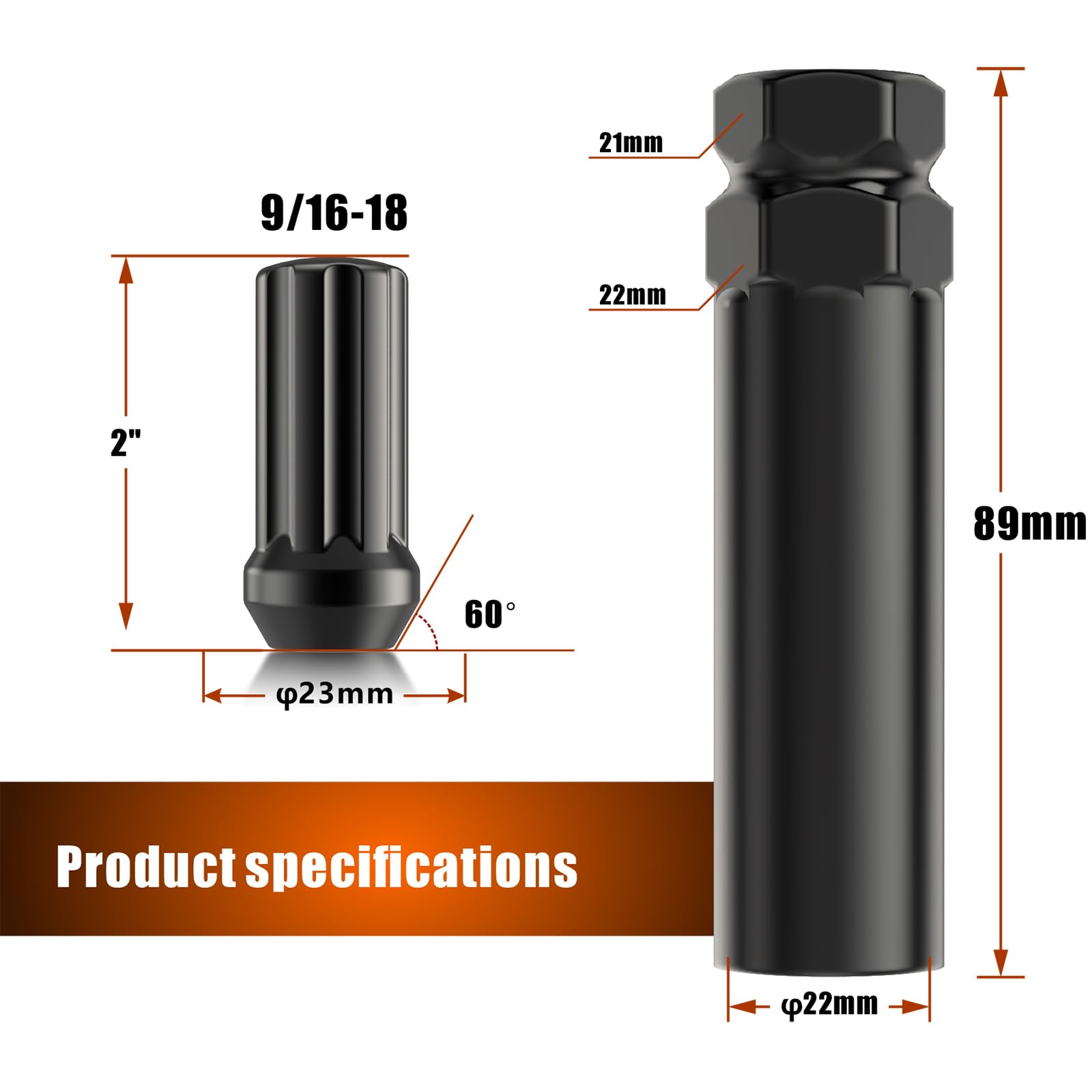 Gaemi M14x1.5 Spline Lug Nuts - 24pc Black Wheel Nuts With Socket Key