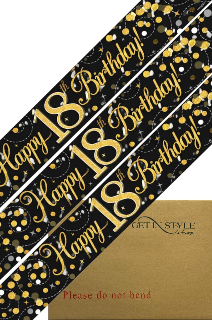 9ft Banner Sparkling Fizz 18th Birthday Black & Gold Holographic Foil Pennant Age 18 (274cm)