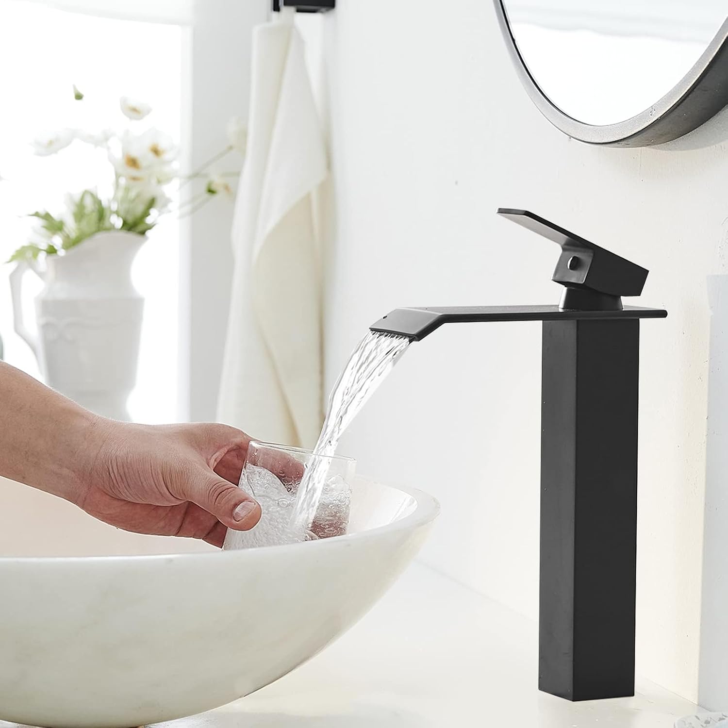 Homevacious Matte Black Vessel Sink Faucet Waterfall Bathroom Faucet Single Hole Tall Single Handle Bathroom Faucets with Pop-Up Drain Supply Hoses RV Bathroom Sink Faucet