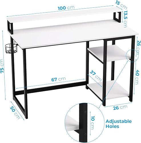 GreenForest Bureau d’Ordinateur avec Support de Moniteur, Bureau à Domicile avec Étagères de Rangement à Hauteur Réglable,100cm Bureaux Gaming Moderne avec Crochet pour Casque et Porte-gobelet, Blanc - 2
