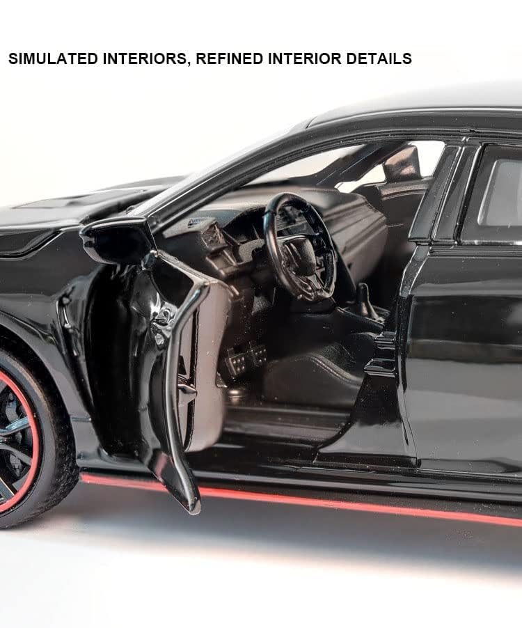 Image of 1:32 Scale Civic Type R Toy Car | Metal Pullback Diecast Car for Kids with Openable Doors, Sound, Light Effects Toy for Car Enthusiasts (Color As Per Available),black