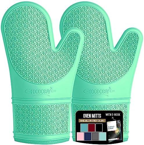 Foodobay Silicone Oven Mitts - Mint Oven Mitts Heat Resistant 500F - Grippy Design, Soft Lining Silicone Oven Gloves, Flexible Oven Mits Set for Cooking Baking Kitchen Mittens Pot Holders with E-Book
