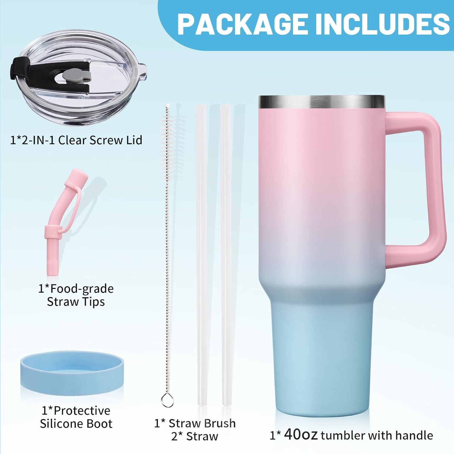 40 oz Tumbler with Handle, Straw and Spout 2-in-1 Lid, Spill Proof Travel Coffee Drink Mug, Stainless Steel Insulated thermal Cup Keep Cold-34H, Water Bottle with Straw Tips& Silicone Boot - Image 9
