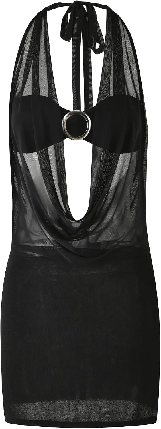Tiger Mist Women's Makena Halter Mini Dress with Cowl Neck and Silver Ring Detail - Black - XL image 5