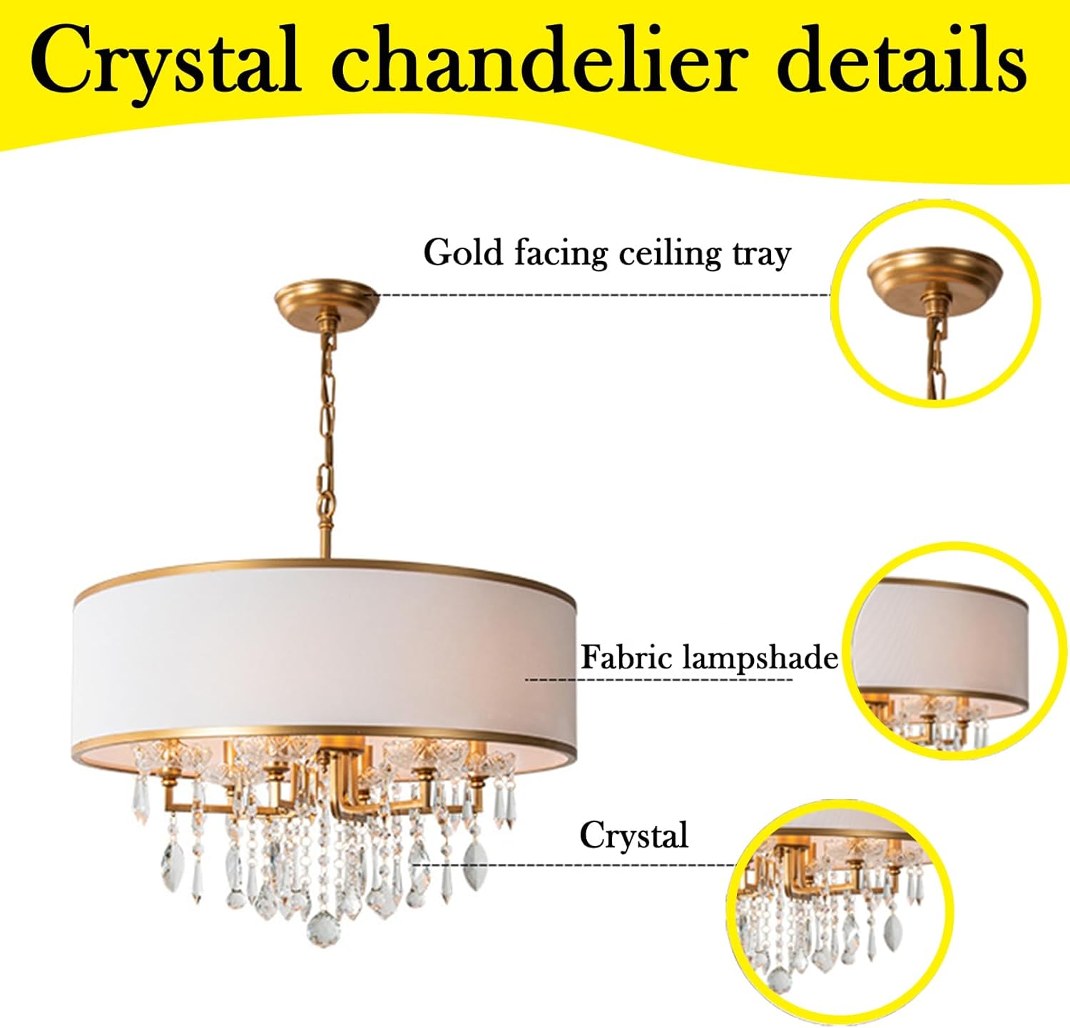 Bofea-Gold Crystal Chandelier,4-Lights Drum Pendant Light Fixtures for Dining Room,Round White Chandelier with Dual Layer Fabric Shade,Adjustable Height Hanging Light for Kitchen Island Living Room