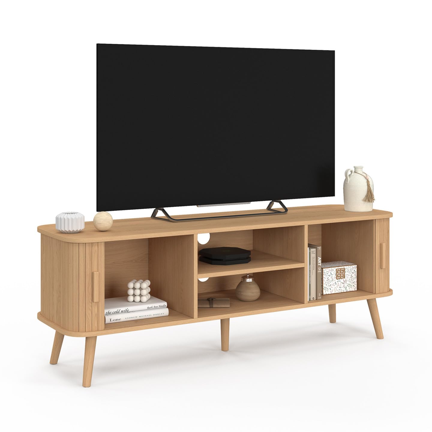 IDMarket - Meuble TV 140 cm Romie 2 Portes coulissantes Lattes tasseau Bois Coloris chêne