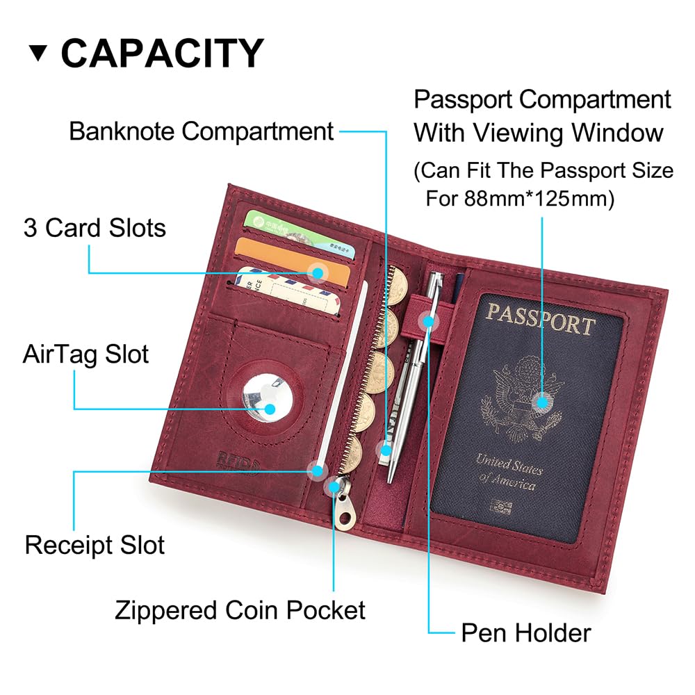 Contacts Funda delgada de piel auténtica para pasaporte Airtag, bloqueo RFID, cartera para pasaporte de viaje, Rojo vino, Vacía