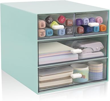 Desk Organizer with Drawer, Office Organizer with 4 Drawers, Desk Storage Box for, Desktop, Dressing table, Office, School, Home, Plastic Box and 4 Acrylic DrawersBlue