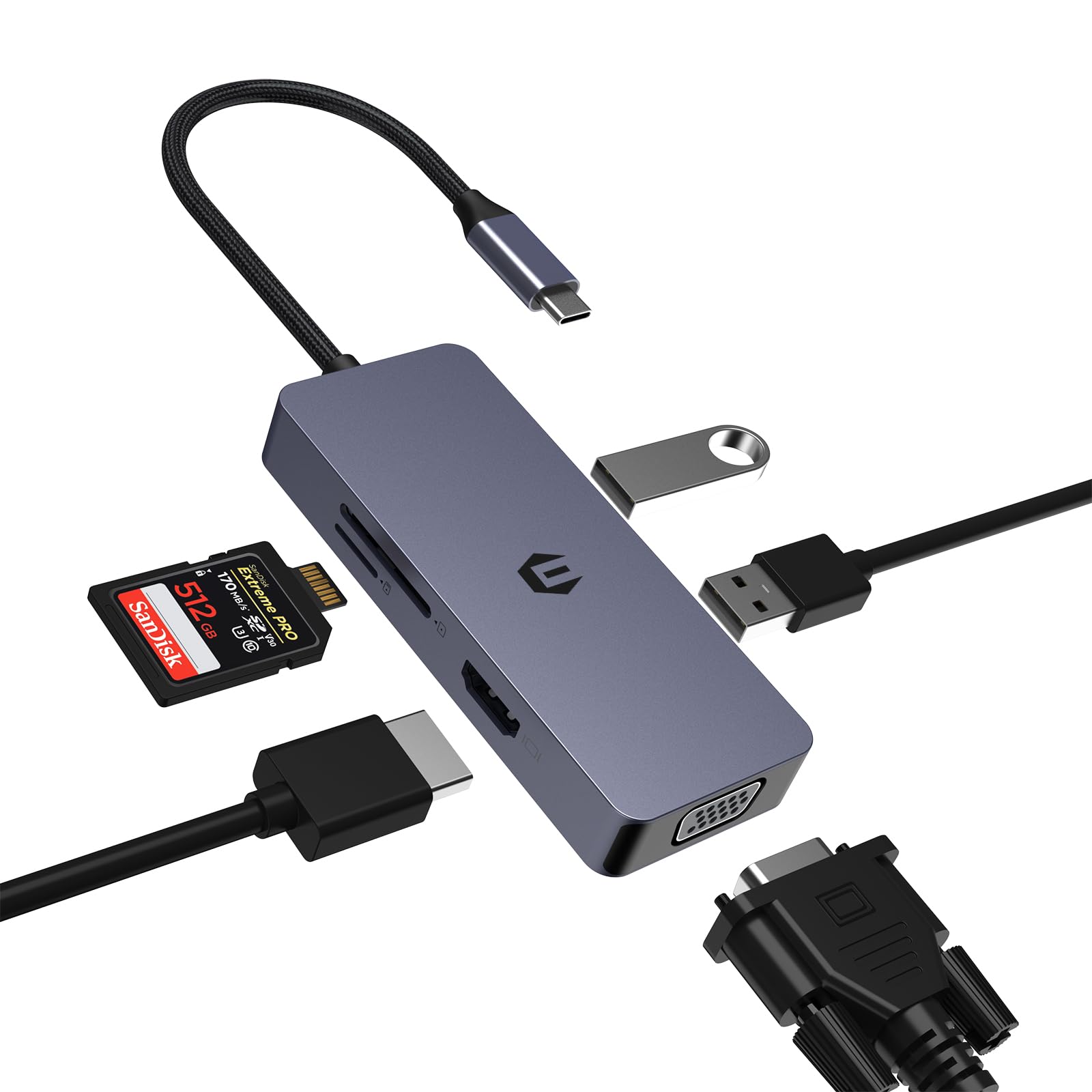 Adaptador USB C a HDMI VGA multifunción 6 en 1 con lector SD TF para Windows e iOS 8