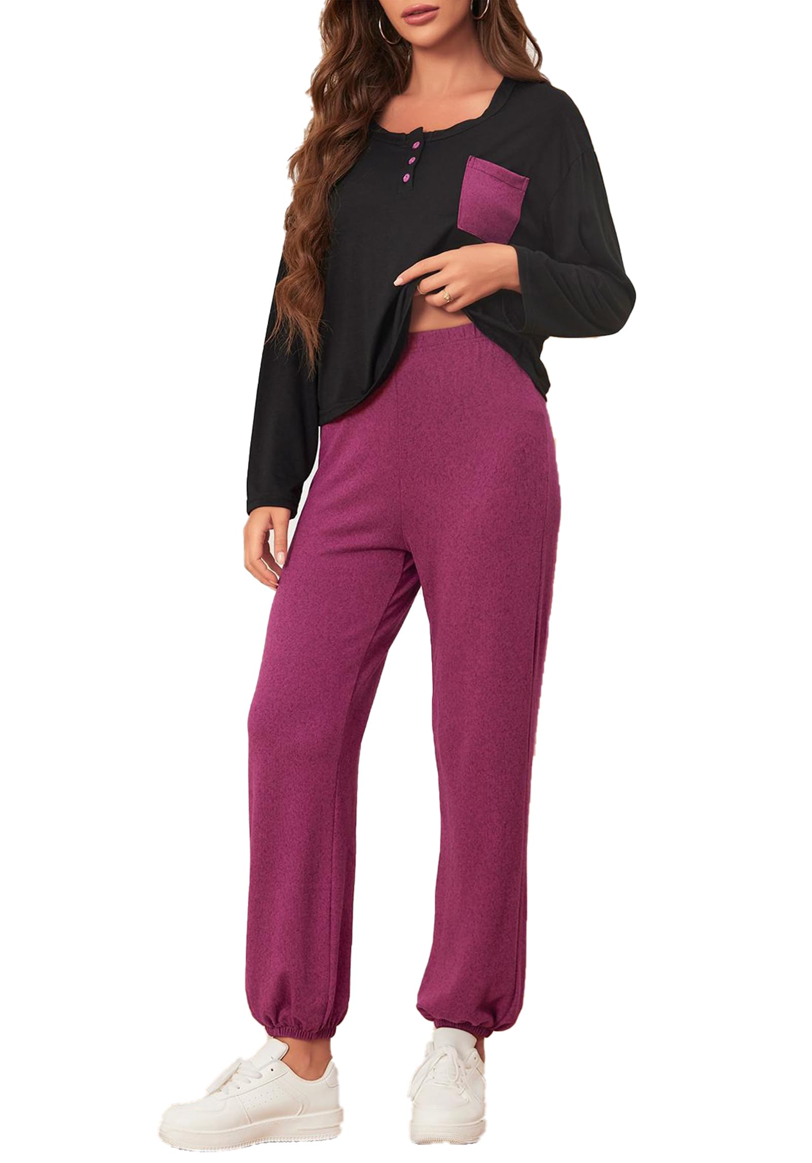 Ensemble V-neck 2 pièces à manches longues et pyjama fluide style lounge - 7