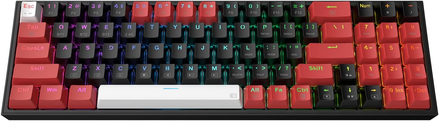K628 PRO 75% 3-Mode Wireless RGB Gaming Keyboard, 78 Keys Hot-Swappable Compact Mechanical Keyboard w/Hot-Swap Free-Mod PCB Socket, Dedicated Arrow Keys & Numpad, Red Switch