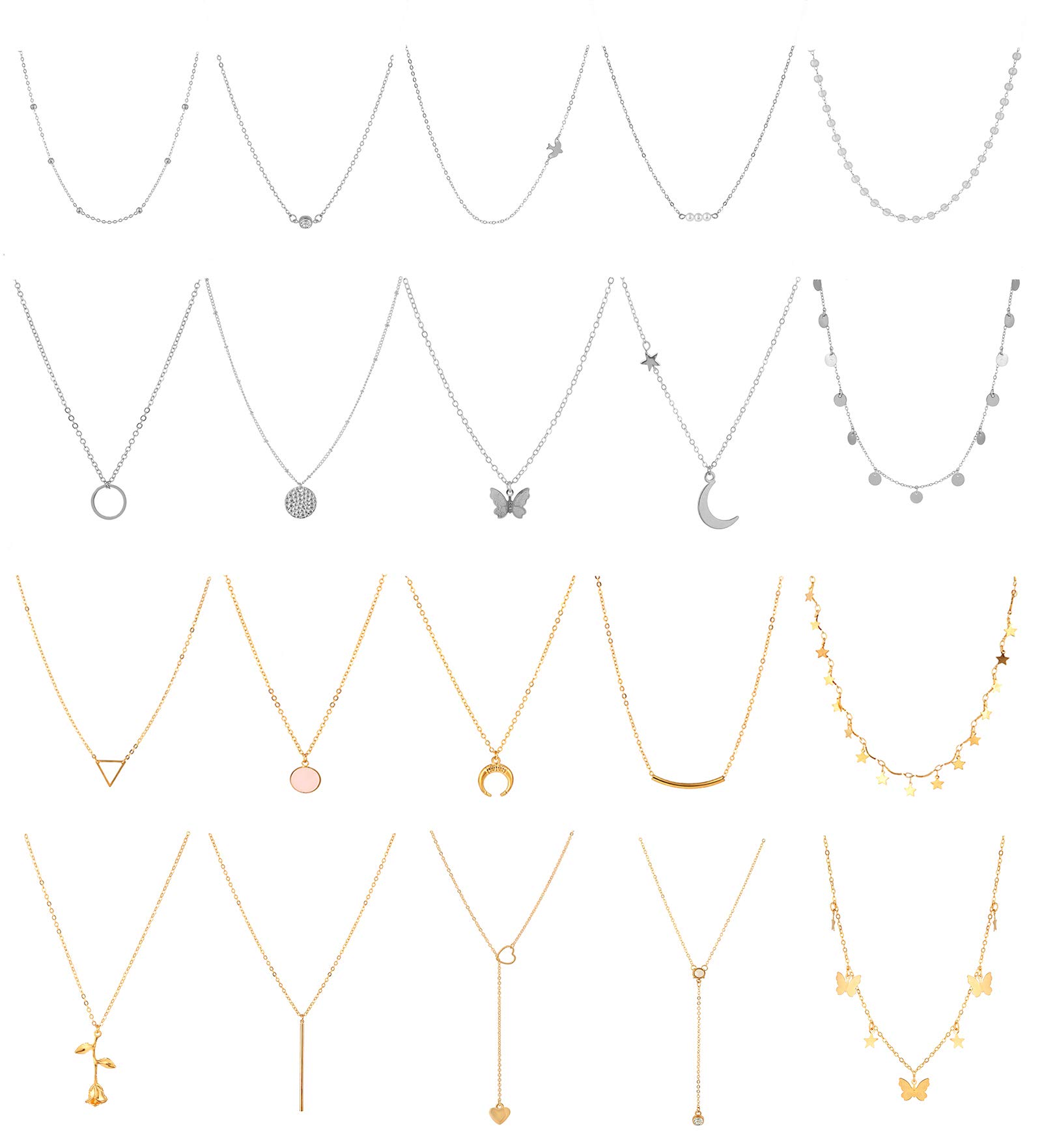 Honsny20PCS 14K Gold Plated Choker Necklaces for Women, Dainty Gold Diamond Coin Pearl Pendant Simple Chain Necklace Set Cute Gold Layered Necklaces for Women Teen Jewelry Gifts