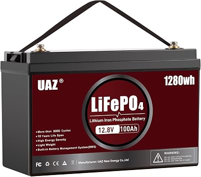 UAZ 12V 100Ah LiFePO4 Battery 1280Wh Deep Cycle Marine Battery, with 150A BMS,Low & High Temp Protection,Waterproof, for Home Energy Storage,RV, Car Starting Power Supply, Solar,Trolling Motor, Backup
