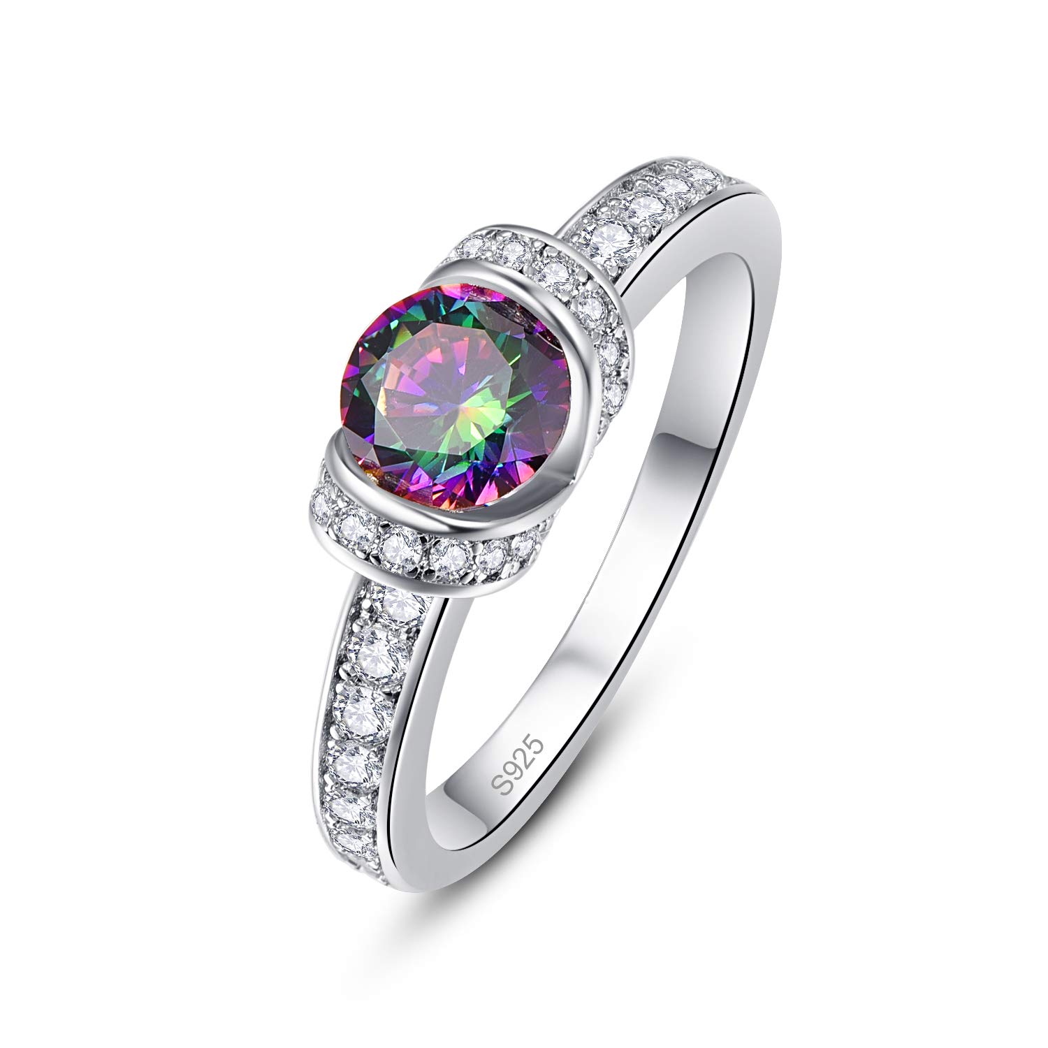 Empsoul925 Sterling Silver 6x6mm Rainbow Topaz Round Cut Mystic Band Ring for Women Girls Size 6