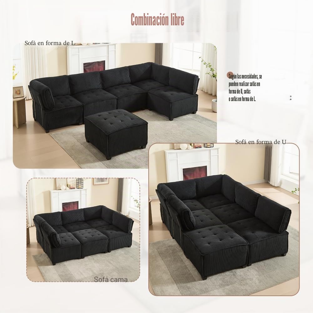 Sofá modular ergonómico de 6 plazas de 308 cm, sofá esquinero moderno con bolsillos de almacenamiento, flexible como sofá en U/en L/cama, tejido de pana para salón o apartamento, color negro