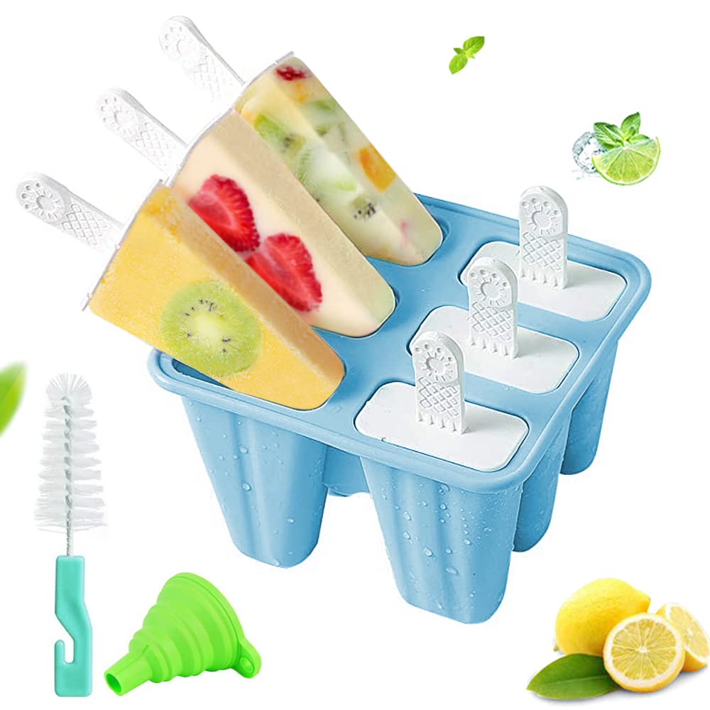 Popsicle Molds 6 Pieces Silicone Ice Pop Molds, BPA Free Popsicle Mold Reusable Easy Release Ice Pop Maker with Silicone Funnel and Cleaning Brush,Blue…