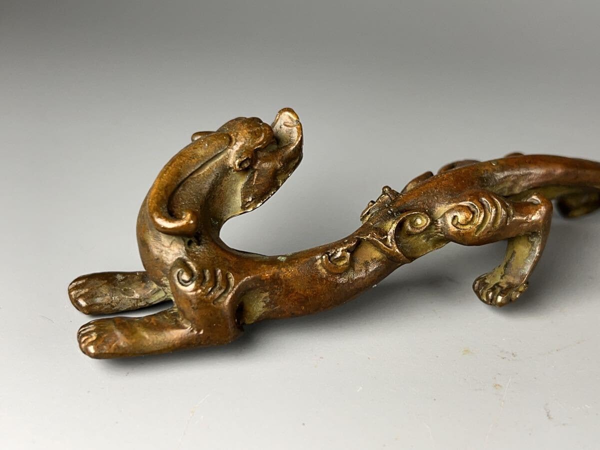 古美術 古銅 文鎮 筆置 筆架 置物 文房具 金属工芸 龍紋 細工 茶道具
